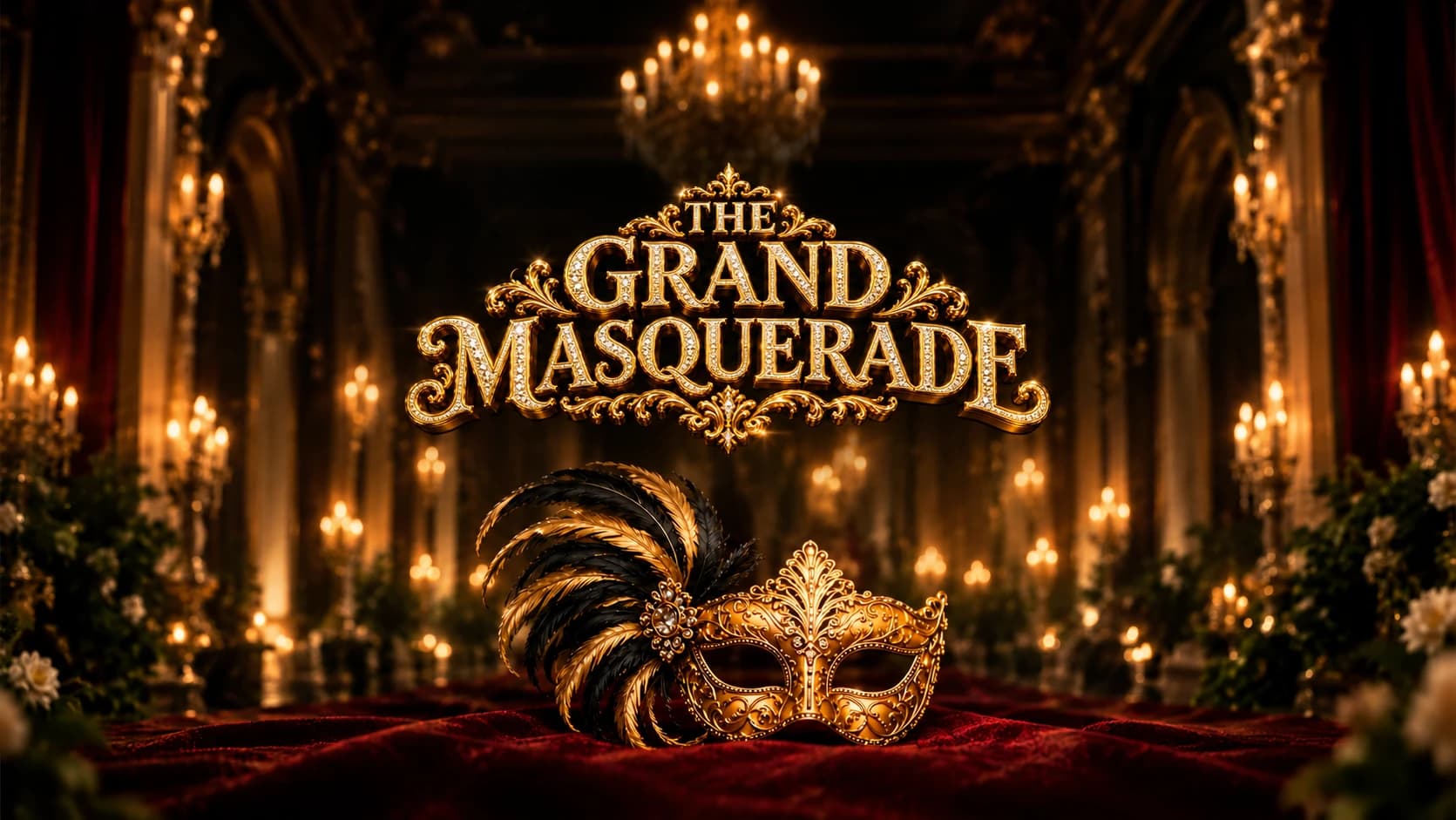 The Grand Masquerade, New Year's Eve at Olivia Alleppey: a candlelit ballroom and a gold feathered mask on red velvet.